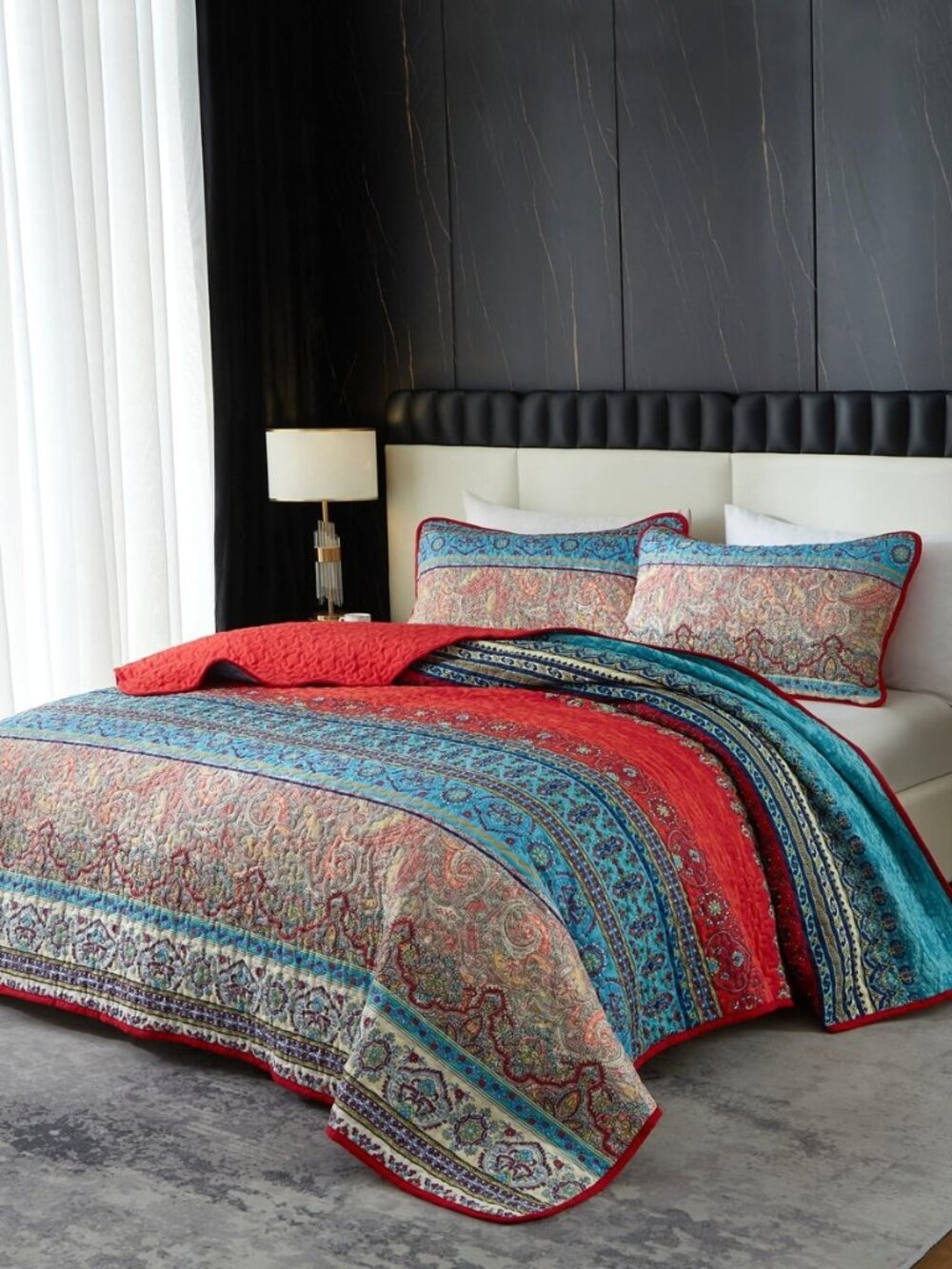 Bohemian Quilt Set King Colorful Boho Red Blue Exotic Striped Bedding